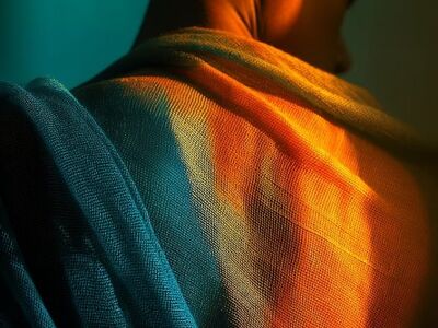 man, fabric, drape, light, colorful, portrait, abstract, skin, shoulder, back, male, person, blue, orange, yellow, texture, shadow, indoor, model, human, head, bald, pose, ai generated