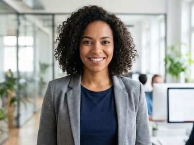 african american woman, businesswoman, office portrait, smiling, professional, corporate, confident, curly hair, modern office, workplace, diversity, inclusion, leader, entrepreneur, employee, adult, headshot, grey blazer, navy top, bright office, daylight, success, optimistic, ai generated