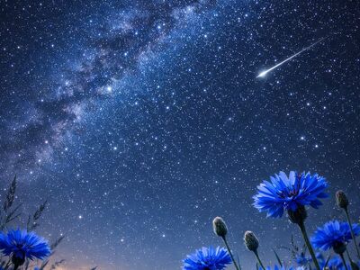 starry night, milky way, blue flowers, moon, landscape, shooting star, astronomy, nature, magical, night sky, cosmos, universe, meadow, twilight, beautiful, fantasy, space, celestial, scenic, dreamy, flora, astrology, starlight, ai generated
