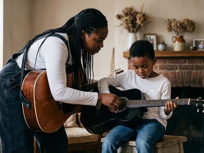 teacher, student, guitar, learning, music, lesson, fireplace, home, mentoring, education, bond, family, acoustic, indoor, instrument, skills, patience, strings, childhood, inspiration, ai generated