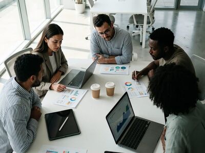 business, teamwork, office, meeting, collaboration, professional, strategy, data, laptops, planning, brainstorming, corporate, workplace, diverse, analytics, productivity, startup, charts, discussion, technology, ai generated