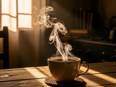 coffee, breakfast, morning, cup, steam, hot, caffeine, table, sunlight, wood, lifestyle, cozy, drink, espresso, latte, aroma, relaxation, shadow, window, mug, interior, beverage, still life, minimalist, atmosphere, ai generated