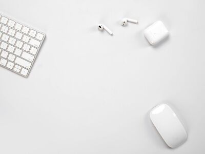 wireless, keyboard, mouse, earphones, table, minimalist, technology, workspace, white, modern, device, electronics, accessories, office, digital, arrangement, cursor, emptiness, desktop