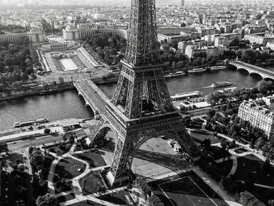 eiffel tower, paris, france, aerial view, seine river, champ de mars, trocadéro, nature, cityscape, landmark, architecture, urban, tourism, travel, iron structure, park, gardens, bridges, summer, blue sky, panorama, ai generated