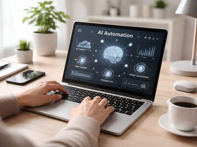 artificial intelligence, automation, nature, machine learning, laptop, workspace, modern design, remote work, desk, productivity, digital workflow, neutral tones, natural lighting, professional, home office, coffee cup, plant, creative workspace, teamwork, office plant