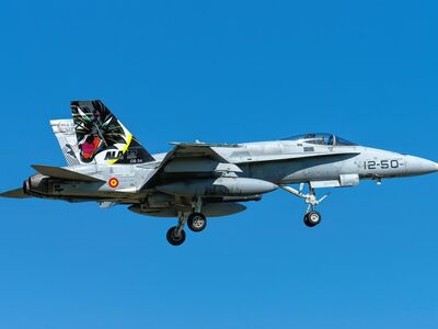 aircraft, f18, jet, military, aviation, fighter, plane, hornet, blue sky, nato, mcdonnell douglas, landing gear, wing, military version, spain, markings, propeller, fly