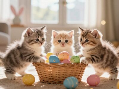 kittens, easter eggs, basket, spring, cute, natural light, home, celebration, toys, interior, cat, colorful, festive, animals, play, entertainment, child, young, joyful, curious, ai generated