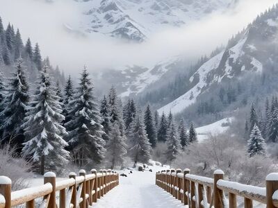 mountains, nature, alpine, snow, winter, frozen, bridge, architecture, rural, path, scenic, view, relaxing, travel, leisure, valley, mist, wooden, photography, tourist destination