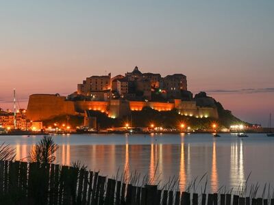 calvi, corsica, evening atmosphere, sunset, landscape, lights, reflection, citadel, island, sea, mediterranean, france, evening sky, beach, promenade, port, boats, sailboats, reflect, afterglow, summer, vacations, summer vacation, fastening, castle