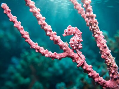 seahorse, underwater, ocean, sealife, gorgonian coral, camouflage, hidden, nature, coral reef, pink, marine animal, biodiversity, ecosystem, life, fauna, animal, underwater light, texture