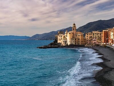 sea, water, waves, beach, coast, landscape, sunset, scenic, houses, blue, colorful, beautiful, church, architecture, winter, seaside, mountains, europe, nature, vacation