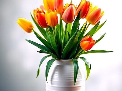 tulip, vase, flowers, yellow, orange, wooden table, decoration, springtime, bright background, red, fresh, interior, growth, bouquet, arrangement, everyday, light effects, art, purity, minimalism, ai generated