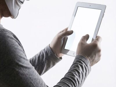 anonymous, mask, tablet, technology, privacy, internet, hacking, security, digital, white, identity, communication, device, hands, activism, cyber, mystery, minimalist, user, connection, ai generated