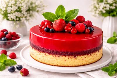 serving tray, raspberry cake, baking, cake, fruit decorations, strawberries, blackberries, blueberries, decorative cake, yellow glaze, red glaze, fresh fruit, mint leaves, dessert, pastry, sweet treat, chocolate base, cake design, sweets, delicious dessert