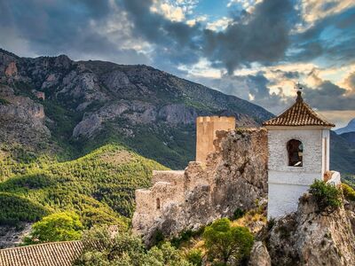 castle, tower, landscape, nature, mountains, clouds, belltower, ancient, medieval, ruin, history, trees, panorama, blue sky, light, scenery, peaceful, view, castle ruin, sun