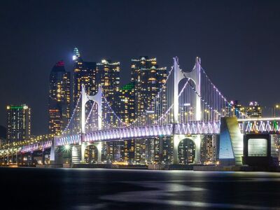 bridge, lights, city, night, sea, illuminated, skyline, south korea, gwangan bridge, nature, busan, water, skyscraper, highway, commuter traffic, tall building, distance, photography, reflection, tourism