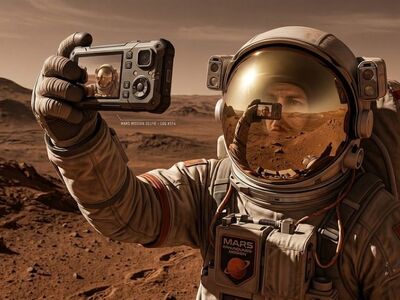 astronaut, selfie, mars, space exploration, surface, spacesuit, space, science, desert, mountain, exploration, adventure, martian desert, sun, nature, camera, sand, red, pioneering, landscape, vision