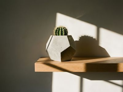 cactus, succulent, concrete vase, geometric design, shelf, modern decor, shadow, minimalism, interior design, natural light, home decor, annual, harmony, scandinavian style, elegant, dining, morning, simplicity, plant decor, ai generated