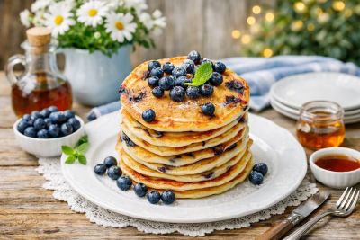 blueberry pancakes, dessert, breakfast, maple syrup, fresh blueberries, white plate, wooden table, flower pot, daisies, wooden background, tablecloth, honey cup, fork, fruit topped, sweet food, summer brunch, rustic style, teatime, fresh fruit, fragrant