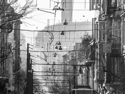 urban scene, tram, black and white photo, pedestrian, street lamp, overhead wire, winter, trees, urban transport, road, central european city, architecture, intersection, sunny day, historical tram, narrow street, building facade, traffic signal, city culture