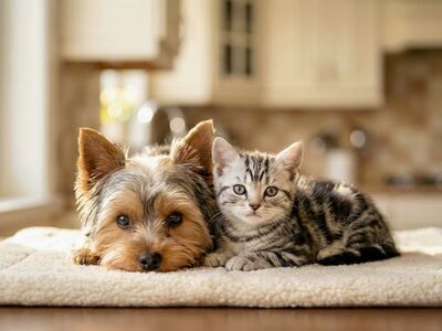 dog, cat, animal, puppy, kitten, yorkshire terrier, striped cat, pet, cute, friendship, companionship, interior, domestic animal, resting, together, decorative pillow, comfortable, home, gaze, companion, small animals