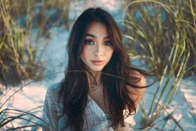 woman, beach, focus, sunset, portrait, model, rock, nature, dune, grass, summer, outdoor, sunshine, sand, beautiful, girl, comfort, styling, art, ai generated