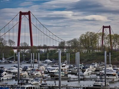 bridge, red, river, boat, harbor, yachts, trees, nature, architecture, pole, blue sky, clouds, spring, horizon, shadow, travel, cityscape, traffic, metal construction, sailing