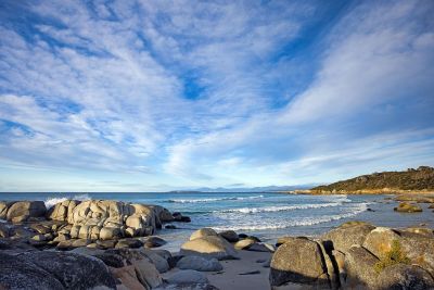 beach, nature, sea, sand, ocean, coast, waves, seascape, rocky beach, clouds, nature scene, cliffs, tasmania, australia, tourism, blue sky, summer day, peaceful, recreation, tourist destination