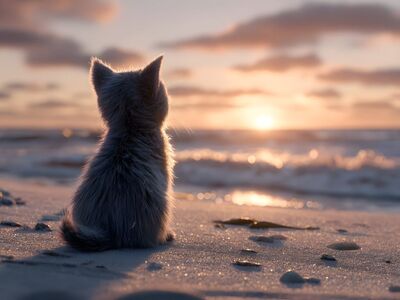 cat, beach, sunrise, ocean, sand, light, reflections, calm, nature, horizon, sunset, dawn, calm sea, solitude, calm night, romance, animal, pet, beauty, silence, seashore, adventure