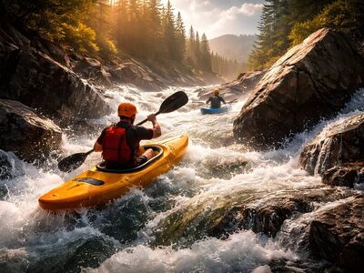 kayaking, mountains, river, adventure, extreme, rafting, water, forest, rock, nature, adrenaline, sun, morning, energy, sport, challenge, dynamic, current, safety, courage