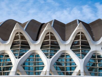 architecture, modern, symmetry, building, city, museum, valencia, urban, exterior, clouds, blue sky, texture, geometric, futuristic, windows, arch, architectural design, nature, construction, modern architecture, creative design