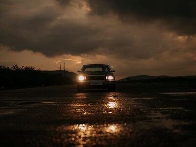 sunset, car, retro, classic, nature, road, lighting, darkness, lonely, car wallpapers, wet, reflection, lights, countryside, vintage, atmospheric, wet surface, eerie, lone car, dark sky, headlight, road vehicle
