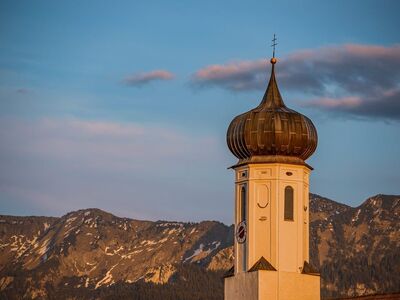 tower, church, architecture, germany, bavaria, mountains, alps, nature, historical, christianity, sunset, twilight, clouds, landscape, dome, outdoors, evening light, tyrol