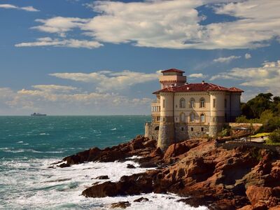 castle, sea, rocky coast, tourism, tuscany, sun, wave power, clouds, livorno, landscape, architecture, boccale, cliffs, natural beauty, italy, panorama, tranquility, vacation, boccale cup, mansion