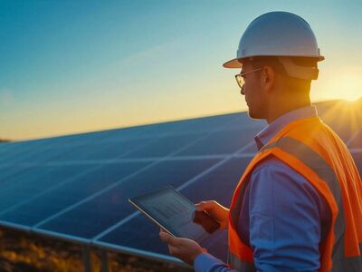 ai generated, renewable energy, solar panels, green tech, engineer, sustainability, solar farm, clean energy, technician, climate change solution, solar energy, outdoor workspace, industrial facility, sustainable technology, energy security, control panel, solar technology, outdoor work environment, industrial production, outdoor activities, technology maintenance