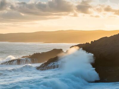 ocean, water, nature, sea, beach, coast, rocks, waves, dawn, sunrise, landscape, clouds, sunset, surf, mood, scenic view, splashing wave, bronze, ocean view, east coast