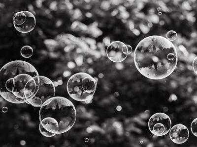 bubbles, background blur, black and white photography, artistic photography, transparency, contrast, optical effects, lightness, fantasy, ephemeral, magical, abstract, play of light and shadow, long exposure, refreshing, freedom, floating water, iridescence, natural feel, symphony of textures