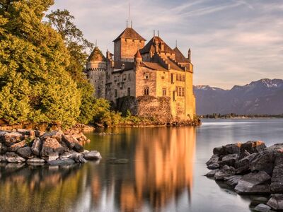 switzerland, montreux, castle, lake, landscape, sunset, reflection, lake geneva, historic, tourist attraction, architecture, water, rock, nature, spring, tree, glow, peaceful, romantic, travel