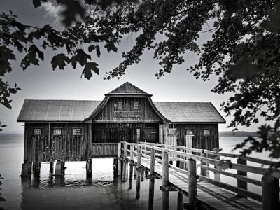 boathouse, lake, landscape, house, water, architecture, jetty, nature, black and white, river view, natural landscape, bridge, lake house, wooden structure, reflection, peaceful, rural, serene, outdoor, tranquil setting