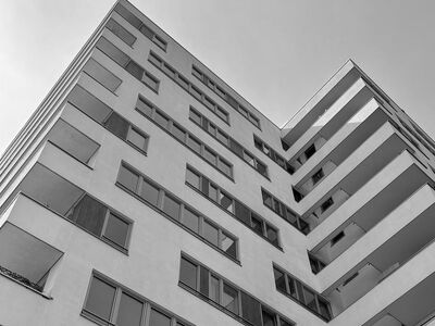 apartment complex, modern architecture, city life, black and white photography, building facade, clouds, balconies, housing, urban architecture, residential area, urban, high-rise building, exterior, modern apartment, windows, nature, city house, housing estate, structural design, North Rhine-Westphalia, Germany, Cologne
