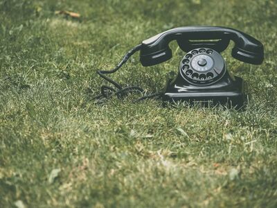 vintage phone, rotary phone, green grass, retro style, old-fashioned phone, communication, outdoor, retro atmosphere, historical phone, grass, retro phone, antique, old design, history, black color, cable, stylish, green environment, nature