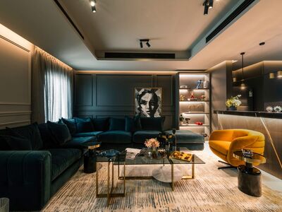living room, flower background, sofa, nature, modern, decorative art, lighting, armchair, flower wallpaper, interior, coffee table, warm tones, rug, design, artwork, black furniture, seating, flowers, beautiful flowers, artistic style, opulent, photo frames, interior decoration, home