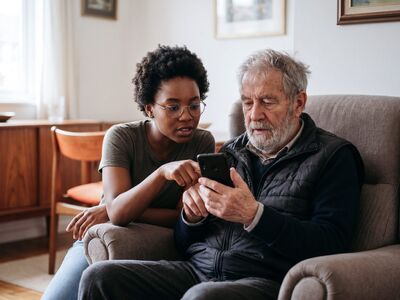 intergenerational, technology, smartphone, learning, assistance, guidance, home, elderly, youth, connection, digital literacy, support, collaboration, indoors, communication, teaching, modern, help, diversity, lifestyle