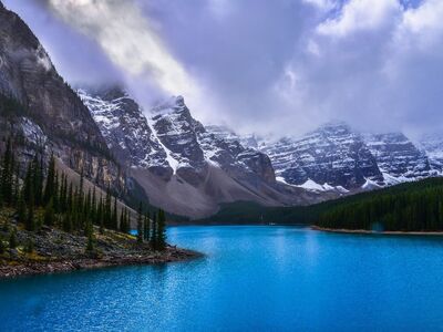 banff, moraine lake, canadian rockies, lake, blue water, mountains, clouds, canadian national parks, landscape, nature, travel, canada, alberta, scenery, hiking, park, atmosphere, tranquility, panorama, west, calm