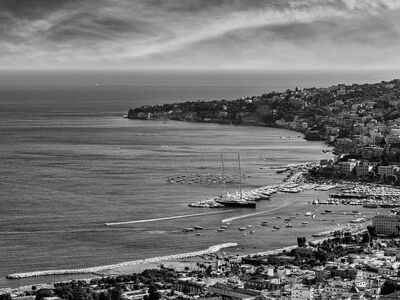 sea, coast, landscape, city, yachts, harbor, black and white, boat, mediterranean, dinghy, cityscape, nature, black and white photography, calm sea, jetty, view from above, long exposure, architecture, sky