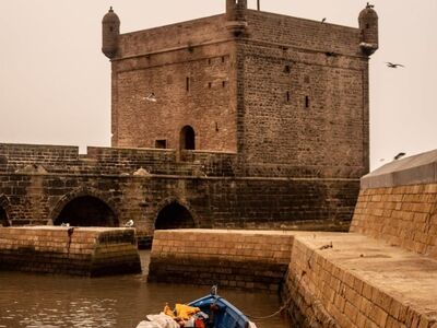 boat, harbor, fortress, fishing gear, old town, wall, ancient architecture, seagull, waterway, sea, stone structure, enclosure, sunset, tide, view, historic site, fishing harbor, nature, ocean view, historic building, harbor view