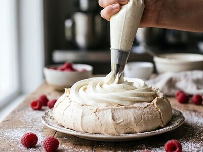 pavlova, meringue, whipped cream, raspberries, pastry chef, vanilla cream, piping bag, powdered sugar, rustic wooden table, dessert decoration, summer dessert, kitchen background, culinary art, crisp crust, marshmallow center, pastry tip, food styling, close-up baking, stand mixer, artisanal pastry