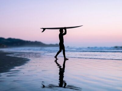 surfer, surfboard, nature, sunrise, silhouette, ocean, water reflection, sunday afternoon, waves, wet sand, coastal scenery, sunset, pink horizon, active lifestyle, recreation, sport, leisure, tranquility, evening, travel