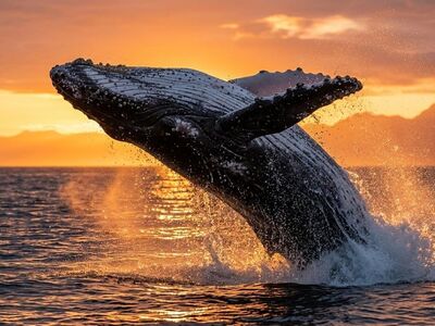 humpback whale, whale, giant marine mammal, breaching, splashing water, nature, ocean spray, water droplets, pectoral fins, dorsal ridges, open sea, sunset, golden hour, mountain backdrop, warm light, action shot, majestic, wilderness, nature photography