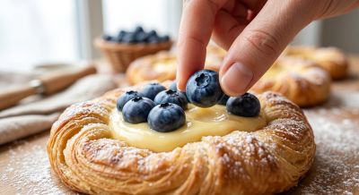 danish pastry, fruit tart, custard filling, fresh blueberries, hand picking, food styling, powdered sugar, golden, puff pastry, flaky crust, dessert preparation, baking, delicious, breakfast pastry, confectionery, fingers, sweet treat, basket of blueberries, baking session, rolling pin, pastry board